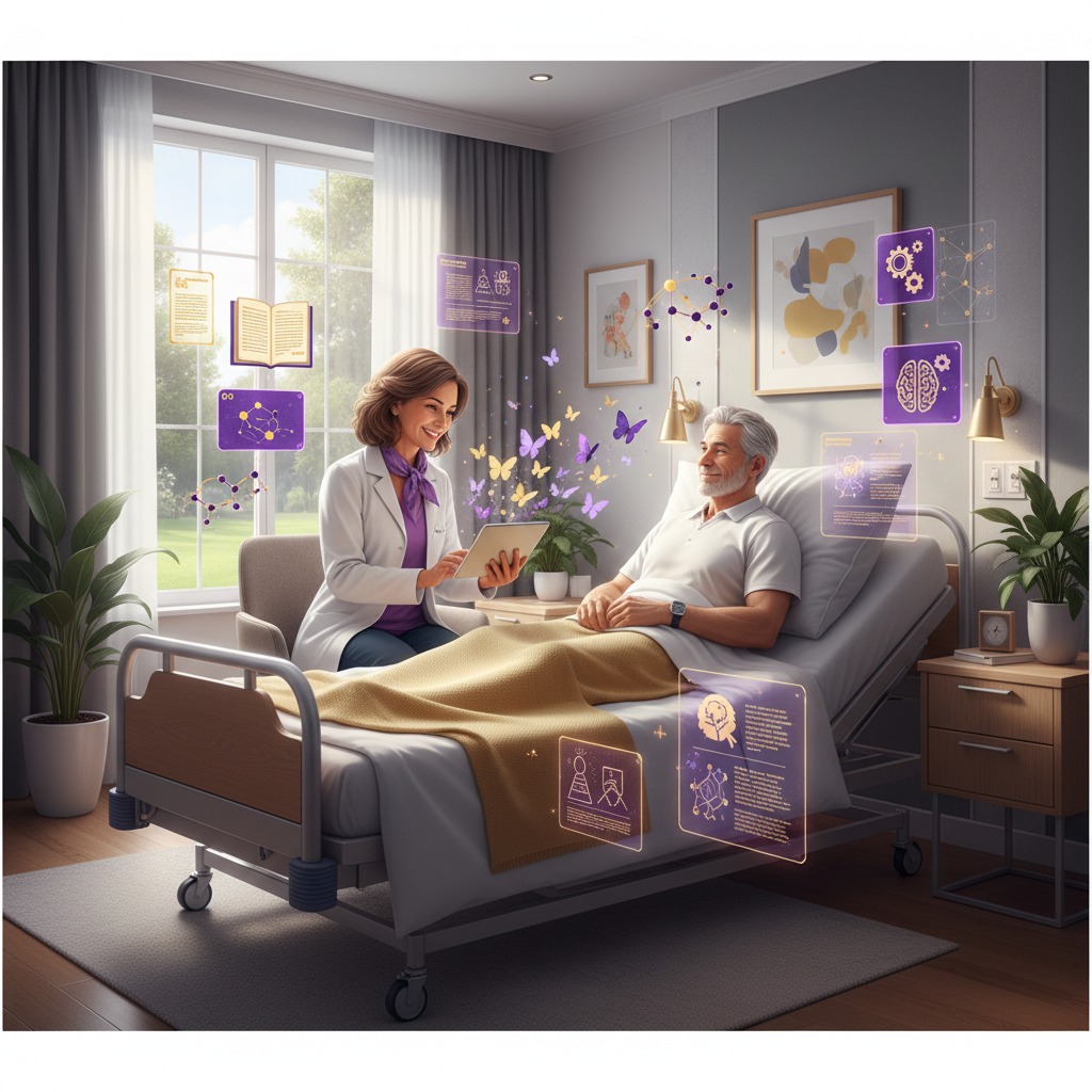 Crie uma ilustração premium e altamente realista que represente o conceito de Cuidados Paliativos de forma humanizada e inspiradora.
A cena deve mostrar uma profissional da saúde sentada ao lado de um paciente oncológico adulto deitado em uma cama, ambos sorrindo suavemente enquanto observam um tablet. Da tela do tablet surgem delicadas borboletas em tons de lilás e dourado, simbolizando esperança, conhecimento, acolhimento e transformação.
Ao redor dos personagens, aparecem discretos elementos holográficos representando ciência, educação e tecnologia, como livros digitais, moléculas, conexões neurais, artigos científicos e ícones de inteligência artificial.
O ambiente deve ser acolhedor, moderno e iluminado por luz natural, transmitindo serenidade, dignidade, empatia e qualidade de vida. Evite aparência hospitalar fria; prefira um espaço contemporâneo, confortável e humanizado.
A paleta de cores deve utilizar branco, lilás, roxo profundo (#4B2E83) e dourado (#D4AF37), mantendo a identidade visual da Virelune.
O estilo deve lembrar campanhas institucionais de excelência, semelhante à comunicação visual de grandes centros de saúde e universidades internacionais, combinando realismo fotográfico com detalhes artísticos elegantes.
A imagem deve transmitir que os cuidados paliativos representam cuidado integral, escuta, educação, ciência, inovação e esperança, e não apenas o fim da vida.
Formato horizontal (16:9), alta resolução, composição limpa, sofisticada e preparada para ser utilizada como banner principal de um website.